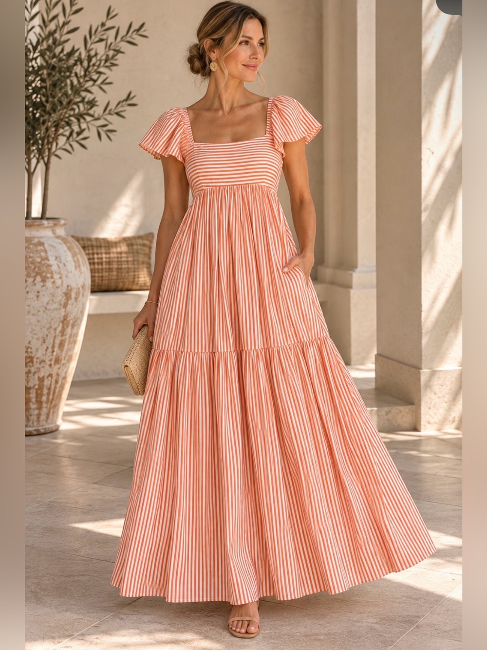Peter Som Orange White Stripe Cotton Tiered Maxi Dress Size 6 Open Back Bow
